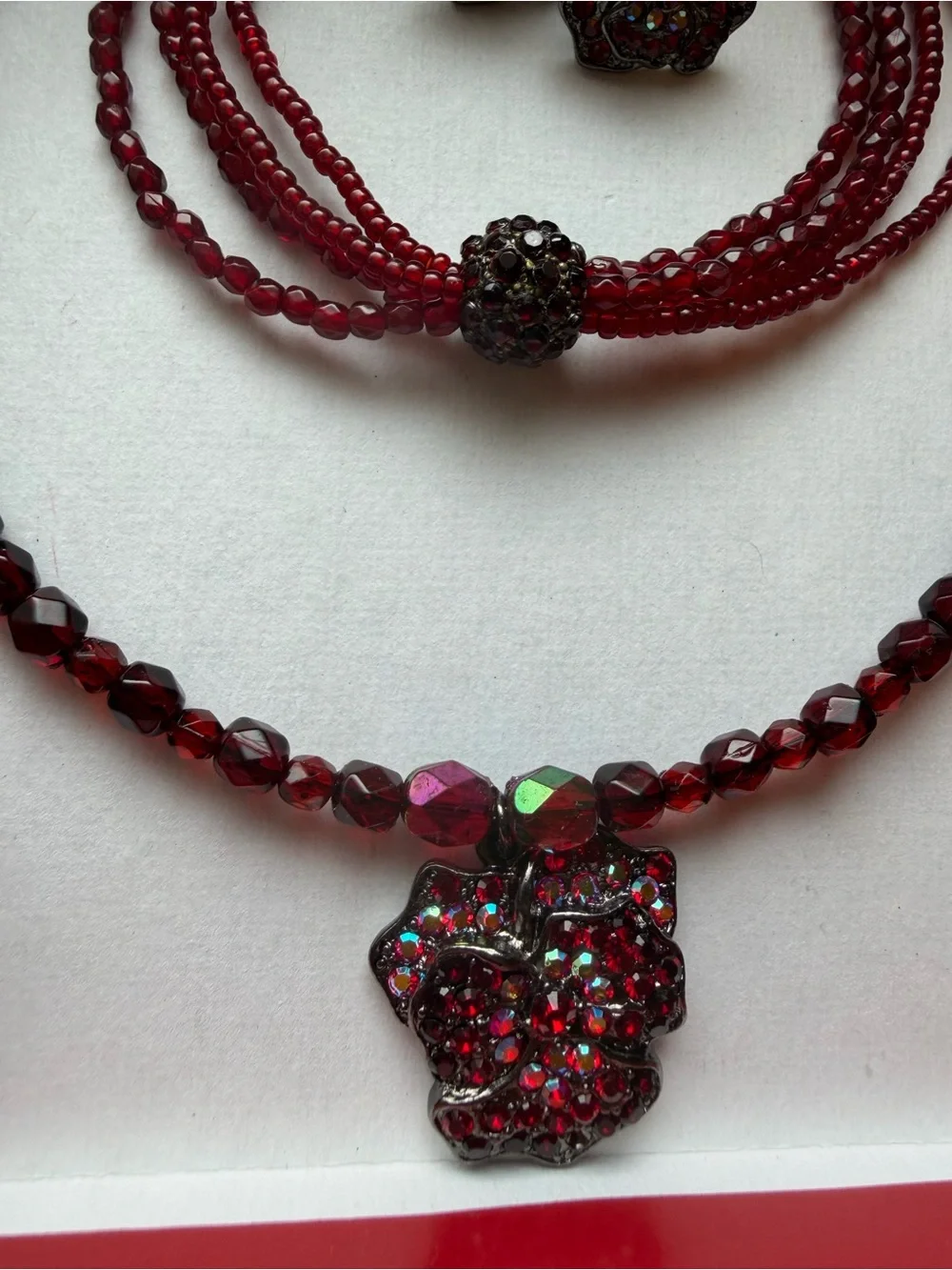 Red Crystal Bead Choker Necklace and Bracelet Set with Matching Earrings